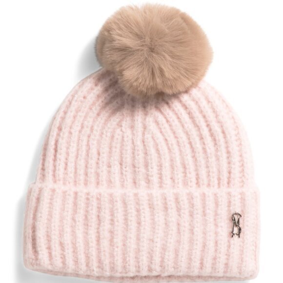 NEW Steve Madden Fuzzy Ribbed Knit Satin-Lined Beanie with Pom Winter Hat - Picture 2 of 7